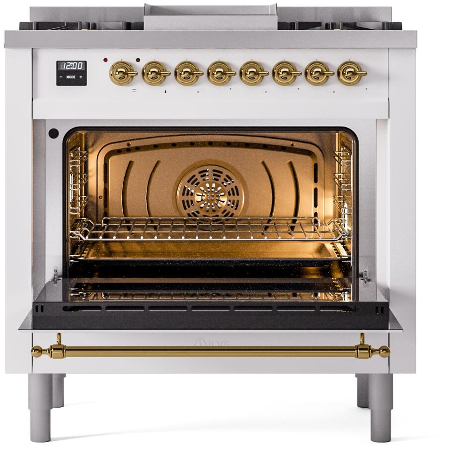 Ilve UP36FNMPWHG Nostalgie Ii 36 Inch Dual Fuel Natural Gas Freestanding Range In White With Brass Trim