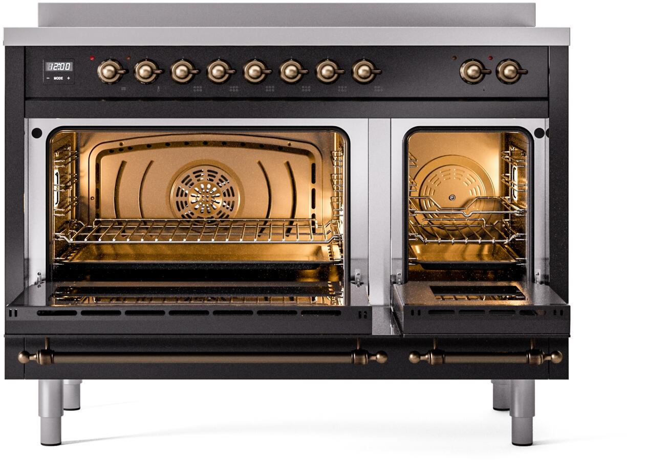 Ilve UPI486NMPBKB Nostalgie Ii 48 Inch Electric Freestanding Range In Glossy Black With Bronze Trim