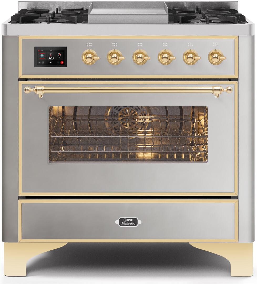 Ilve UM09FDNS3SSGLP Majestic Ii 36 Inch Dual Fuel Liquid Propane Freestanding Range In Stainless Steel With Brass Trim