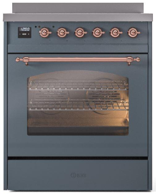 Ilve UPI304NMPBGP Nostalgie Ii 30 Inch Electric Freestanding Range In Blue Grey With Copper Trim