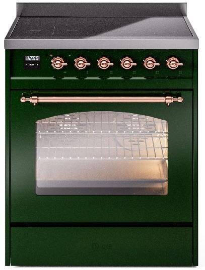 Ilve UPI304NMPEGP Nostalgie Ii 30 Inch Electric Freestanding Range In Emerald Green With Copper Trim