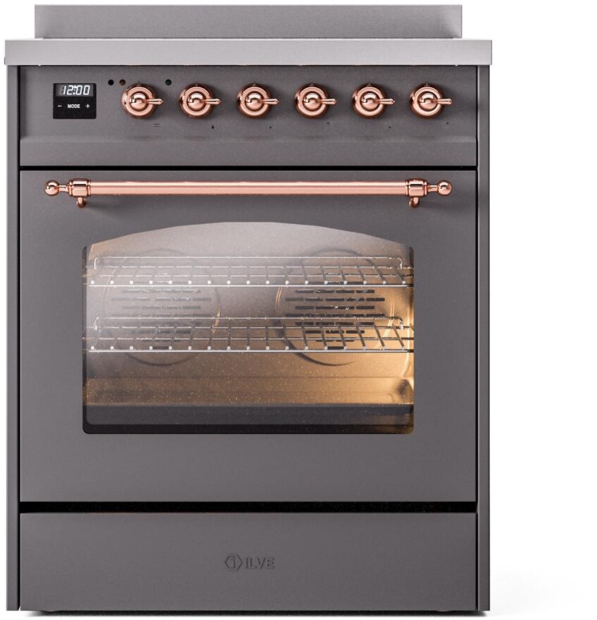 Ilve UPI304NMPMGP Nostalgie Ii 30 Inch Electric Freestanding Range In Matte Graphite With Copper Trim