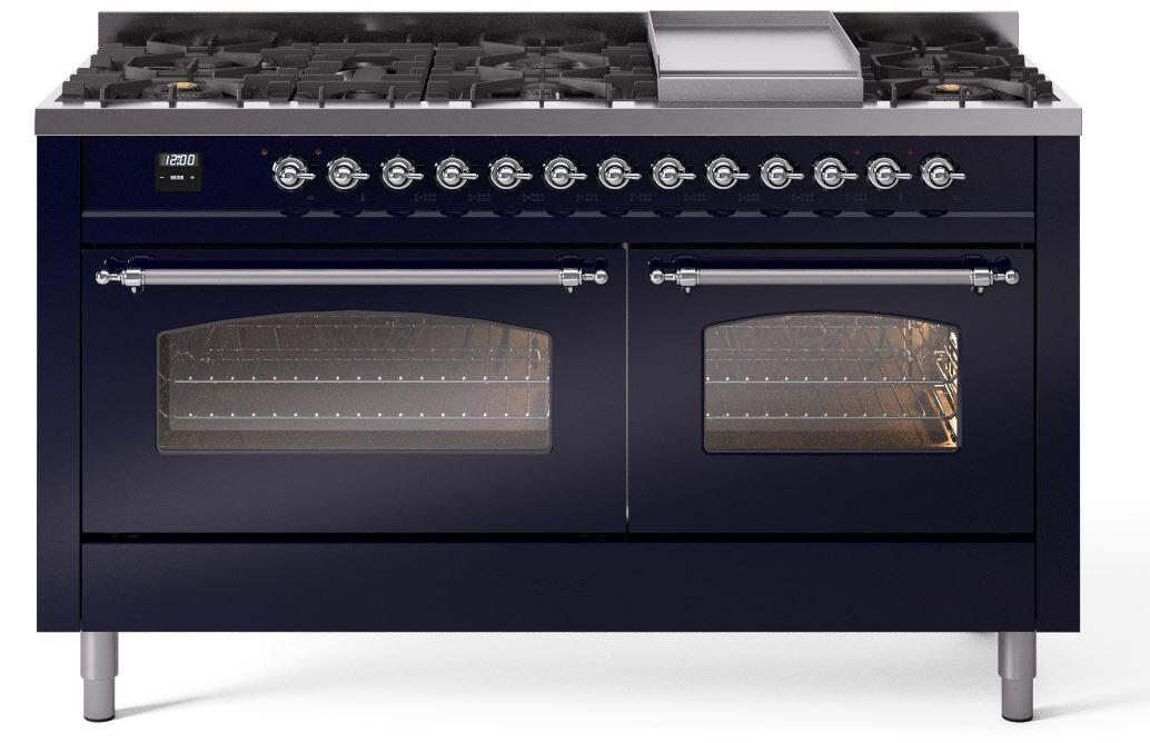 Ilve UP60FNMPMBCLP Nostalgie Ii 60 Inch Dual Fuel Liquid Propane Freestanding Range In Blue With Chrome Trim