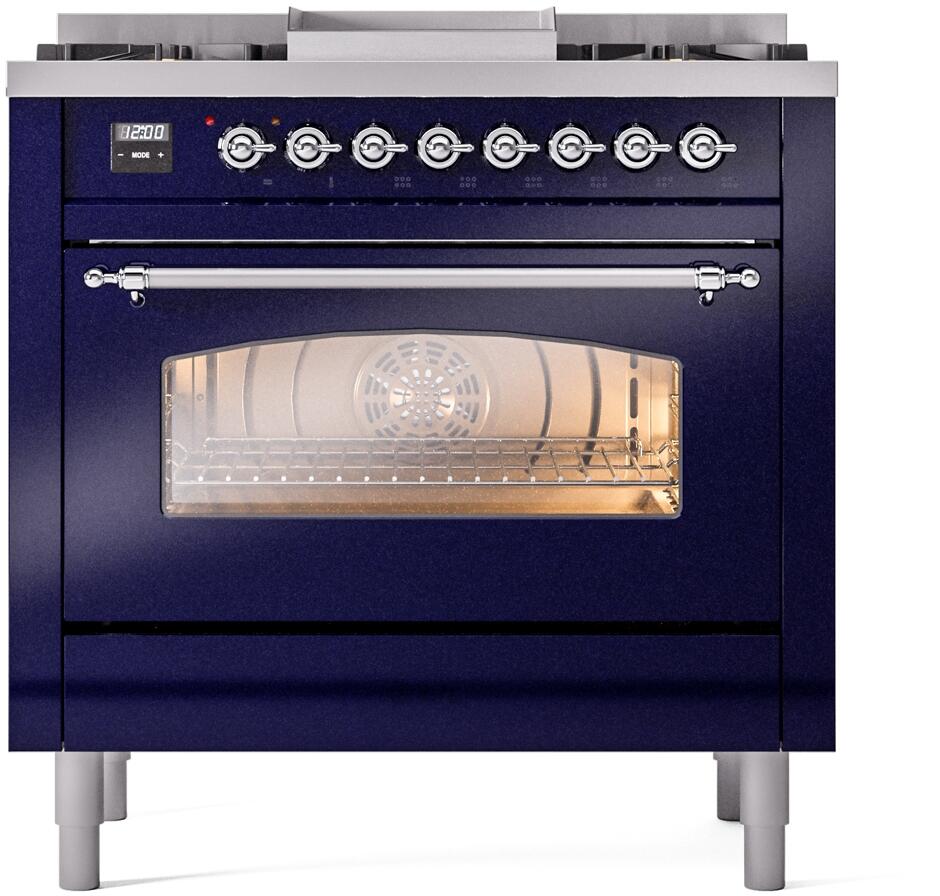 Ilve UP36FNMPMBC Nostalgie Ii 36 Inch Dual Fuel Natural Gas Freestanding Range In Blue With Chrome Trim