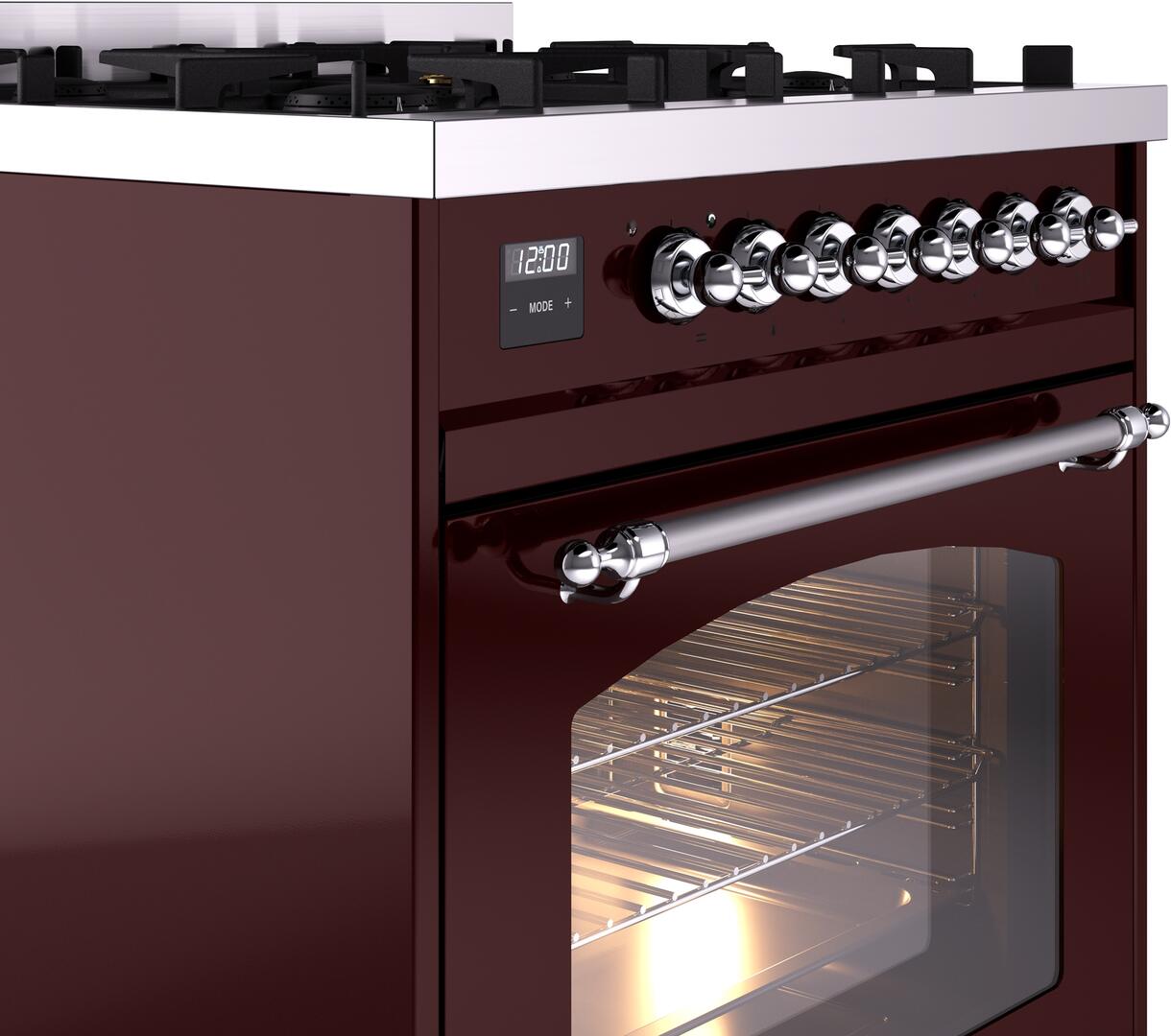 Ilve UP30NMPBUC Nostalgie Ii 30 Inch Dual Fuel Natural Gas Freestanding Range In Burgundy With Chrome Trim