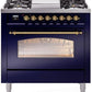 Ilve UP36FNMPMBGLP Nostalgie Ii 36 Inch Dual Fuel Liquid Propane Freestanding Range In Blue With Brass Trim