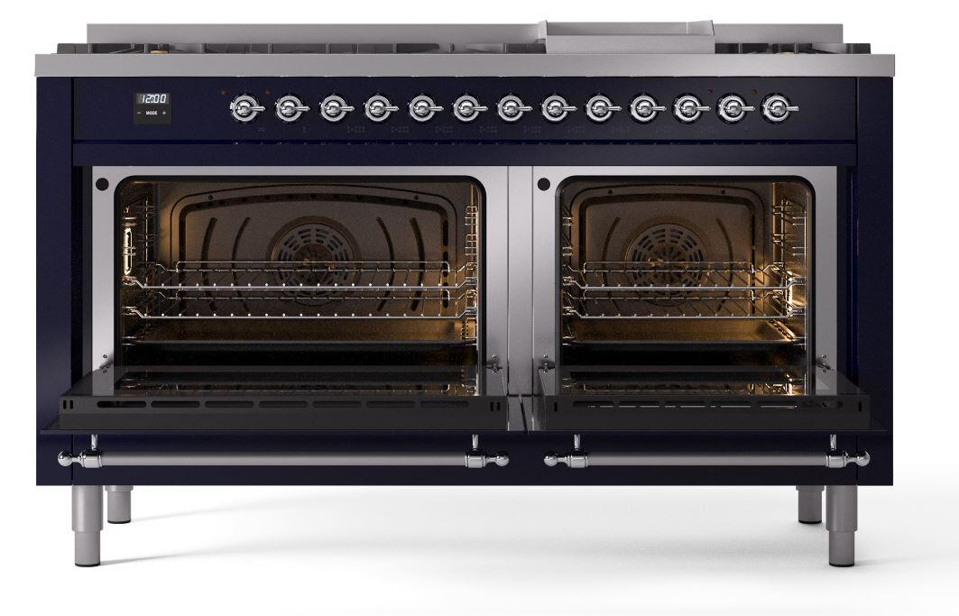 Ilve UP60FNMPMBCLP Nostalgie Ii 60 Inch Dual Fuel Liquid Propane Freestanding Range In Blue With Chrome Trim