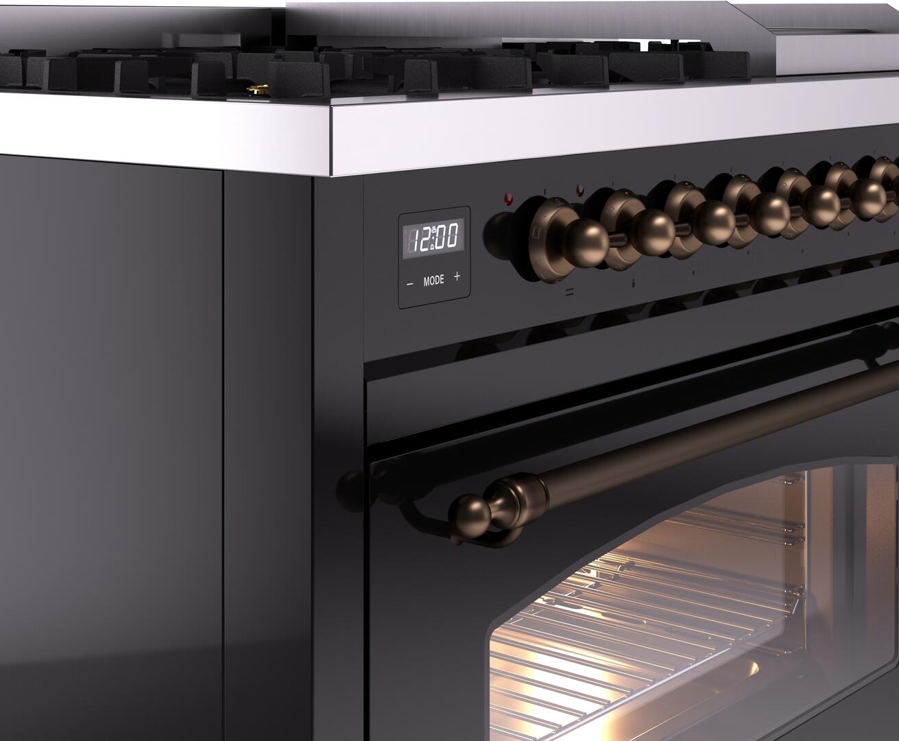 Ilve UP48FNMPBKB Nostalgie Ii 48 Inch Dual Fuel Natural Gas Freestanding Range In Glossy Black With Bronze Trim