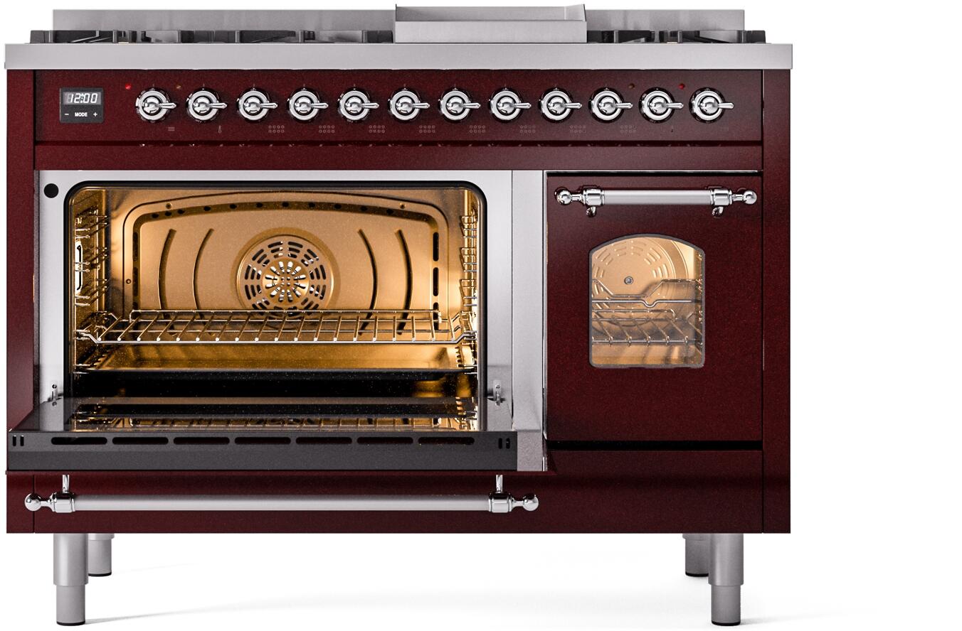 Ilve UP48FNMPBUCLP Nostalgie Ii 48 Inch Dual Fuel Liquid Propane Freestanding Range In Burgundy With Chrome Trim