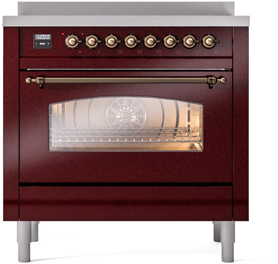 Ilve UPI366NMPBUB Nostalgie Ii 36 Inch Electric Freestanding Range In Burgundy With Bronze Trim