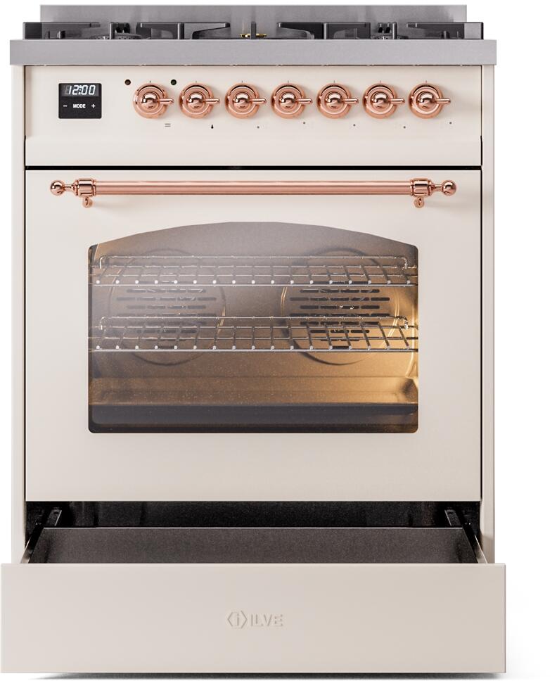 Ilve UP30NMPAWP Nostalgie Ii 30 Inch Dual Fuel Natural Gas Freestanding Range In Antique White With Copper Trim