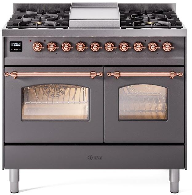 Ilve UPD40FNMPMGP Nostalgie Ii 40 Inch Dual Fuel Natural Gas Freestanding Range In Matte Graphite With Copper Trim