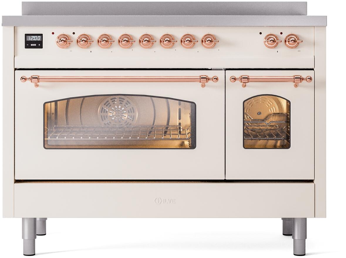 Ilve UPI486NMPAWP Nostalgie Ii 48 Inch Electric Freestanding Range In Antique White With Copper Trim