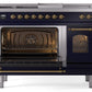 Ilve UP48FSNMPMBG Nostalgie Ii 48 Inch Dual Fuel Natural Gas Freestanding Range In Blue With Brass Trim