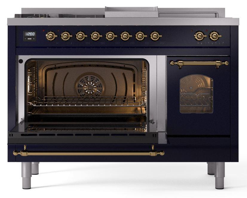 Ilve UP48FSNMPMBG Nostalgie Ii 48 Inch Dual Fuel Natural Gas Freestanding Range In Blue With Brass Trim