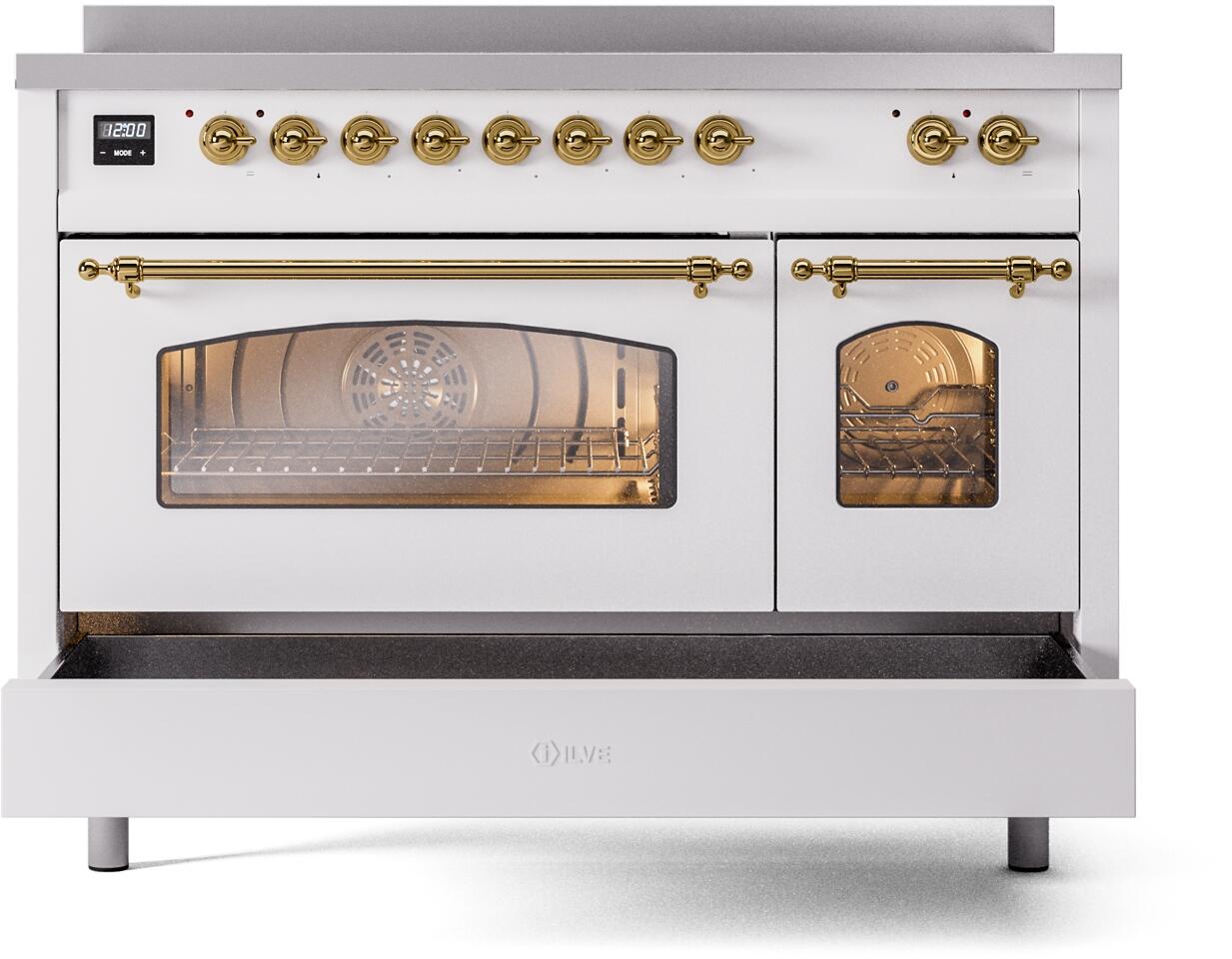 Ilve UPI486NMPWHG Nostalgie Ii 48 Inch Electric Freestanding Range In White With Brass Trim