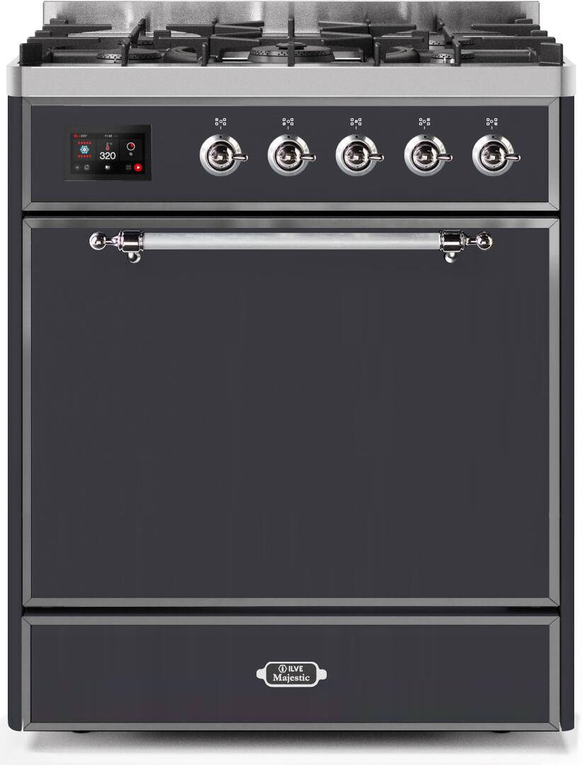 Ilve UM30DQNE3MGC Majestic Ii 30 Inch Dual Fuel Natural Gas Freestanding Range In Matte Graphite With Chrome Trim