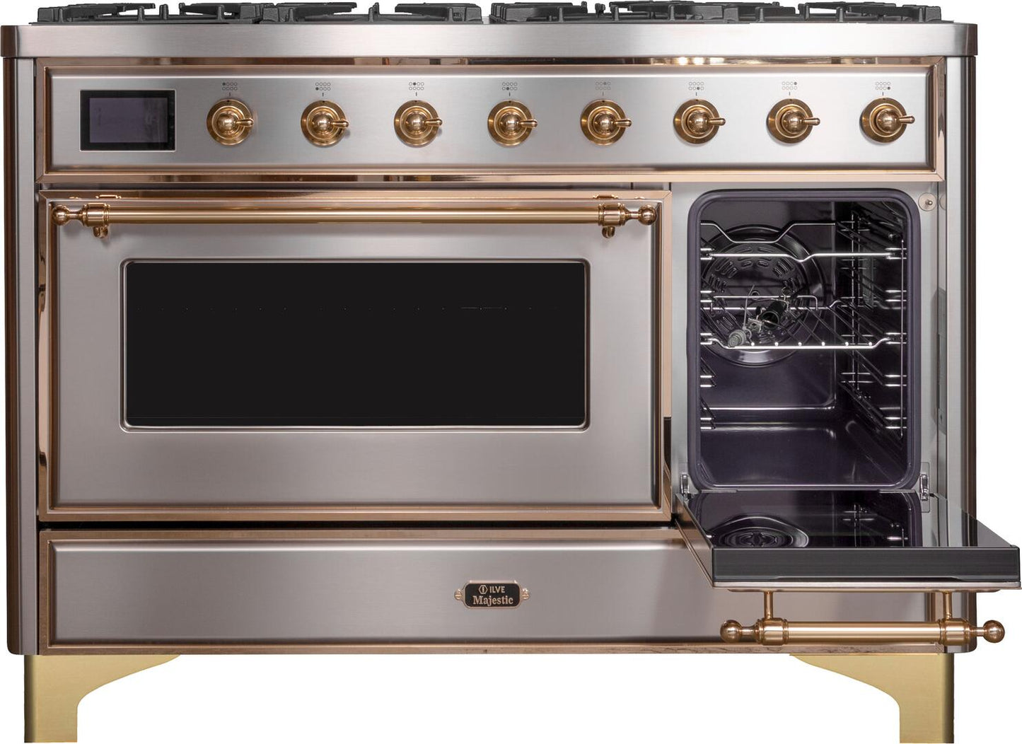 Ilve UM12FDNS3SSGLP Majestic Ii 48 Inch Dual Fuel Liquid Propane Freestanding Range In Stainless Steel With Brass Trim