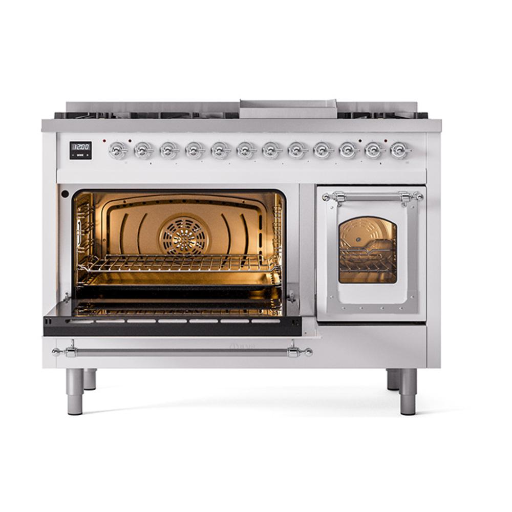 Ilve UN48FNMPRACLP Ilve Un48Fnmpraclp Nostalgie Ii Noblesse 48" Dual Fuel Range (8 Sealed Burners + Griddle, Liquid Propane, Triple Glass Door, Ral, Chrome)