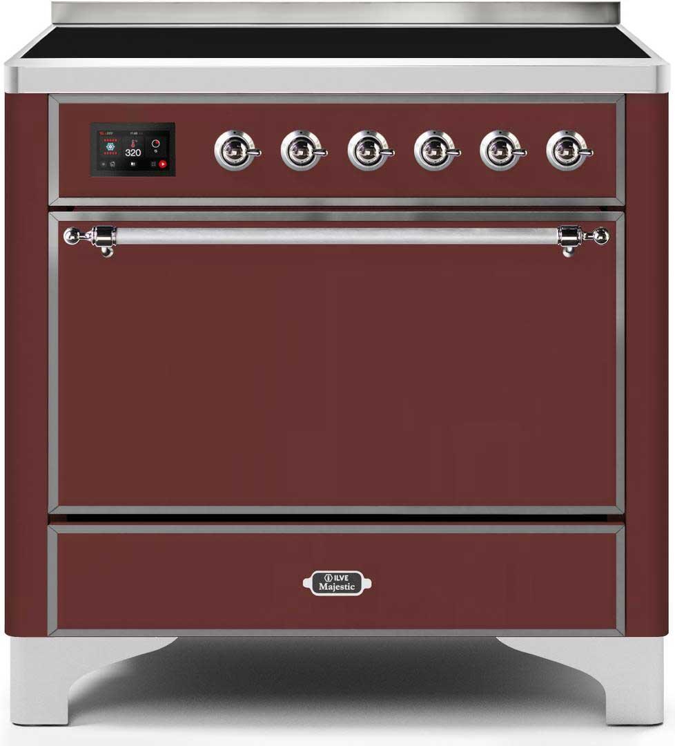 Ilve UMI09QNS3BUC Majestic Ii 36 Inch Electric Freestanding Range In Burgundy With Chrome Trim