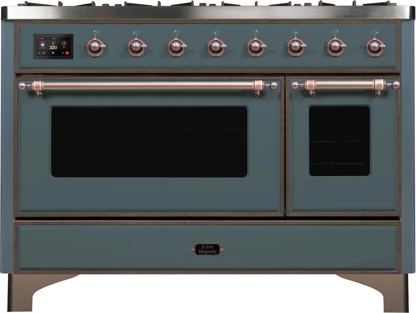 Ilve UM12FDNS3BGBLP Majestic Ii 48 Inch Dual Fuel Liquid Propane Freestanding Range In Blue Grey With Bronze Trim