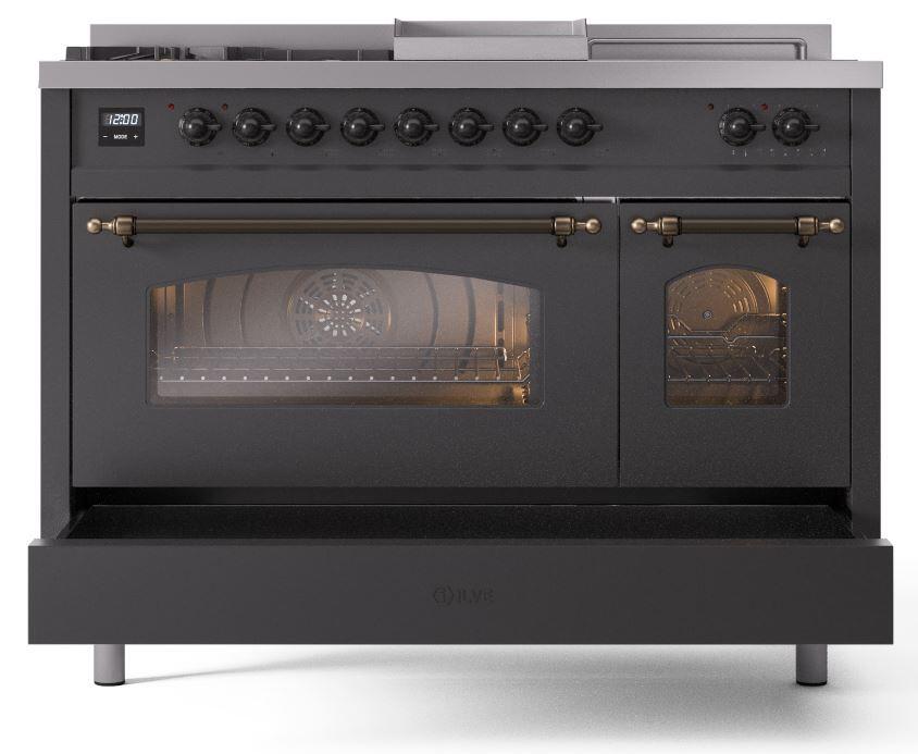 Ilve UP48FSNMPMGB Nostalgie Ii 48 Inch Dual Fuel Natural Gas Freestanding Range In Matte Graphite With Bronze Trim