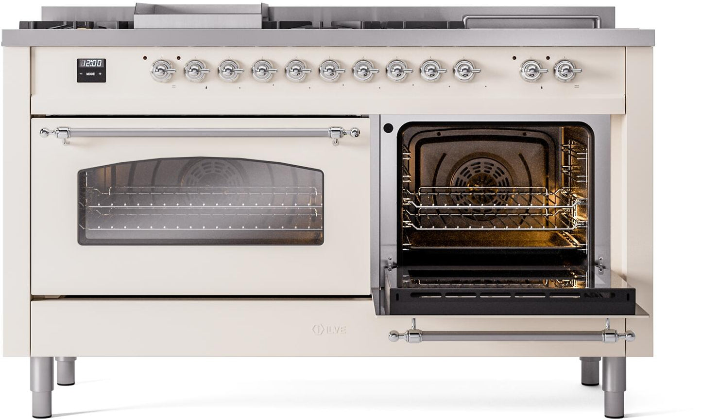 Ilve UP60FSNMPAWC Nostalgie Ii 60 Inch Dual Fuel Natural Gas Freestanding Range In Antique White With Chrome Trim