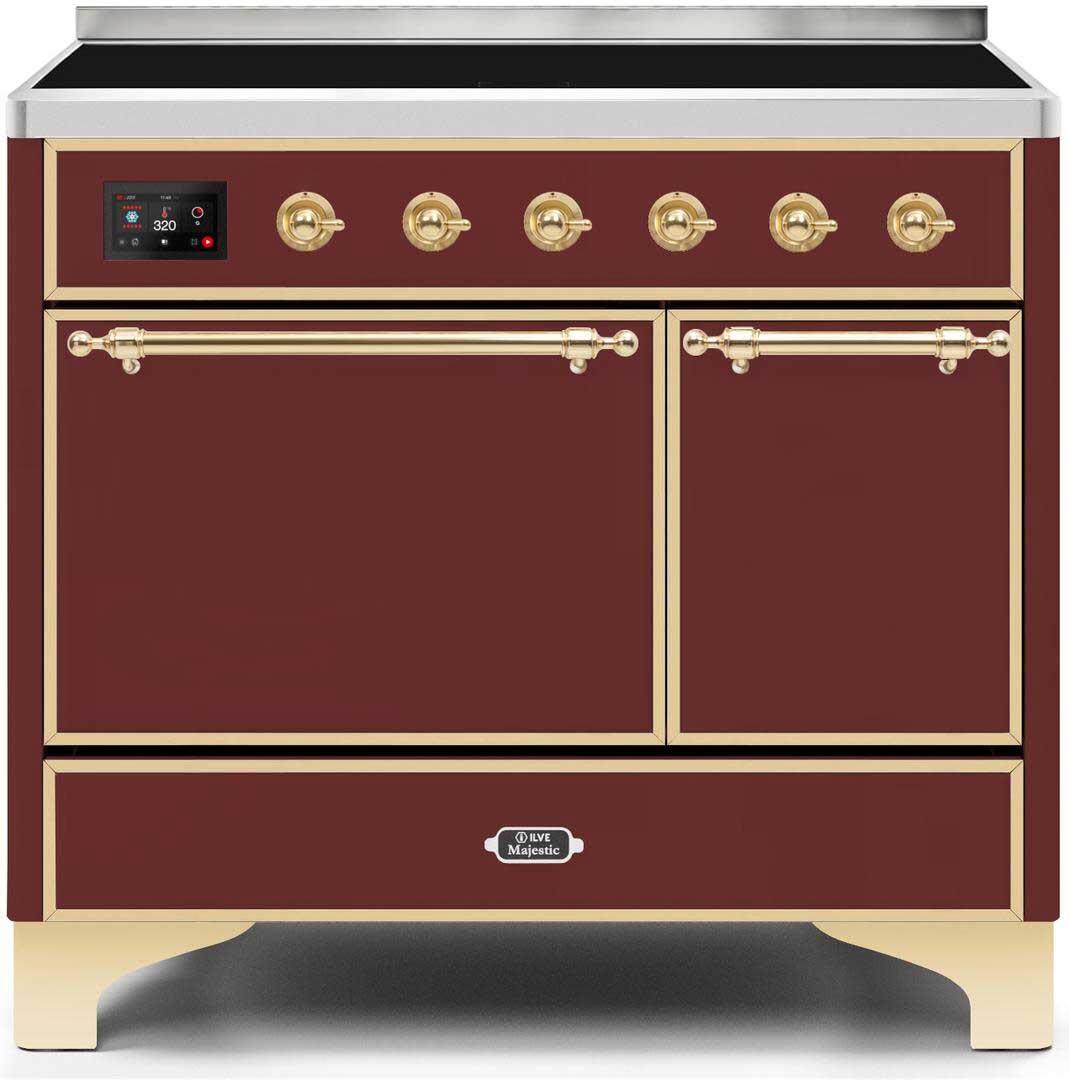 Ilve UMDI10QNS3BUG Majestic Ii 40 Inch Electric Freestanding Range In Burgundy With Brass Trim