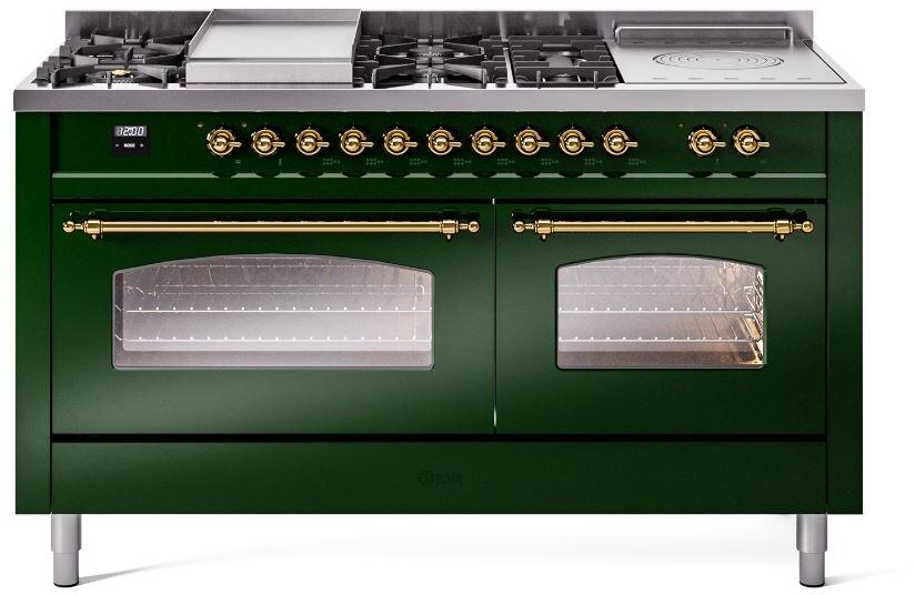 Ilve UP60FSNMPEGG Nostalgie Ii 60 Inch Dual Fuel Natural Gas Freestanding Range In Emerald Green With Brass Trim