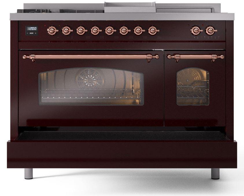 Ilve UP48FSNMPBUPLP Nostalgie Ii 48 Inch Dual Fuel Liquid Propane Freestanding Range In Burgundy With Copper Trim