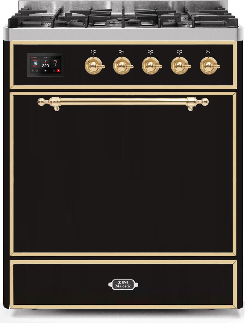 Ilve UM30DQNE3BKG Majestic Ii 30 Inch Dual Fuel Natural Gas Freestanding Range In Glossy Black With Brass Trim