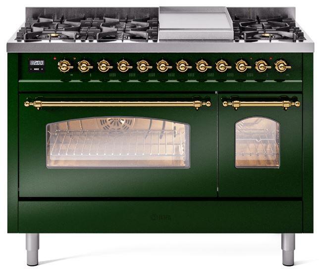 Ilve UP48FNMPEGG Nostalgie Ii 48 Inch Dual Fuel Natural Gas Freestanding Range In Emerald Green With Brass Trim