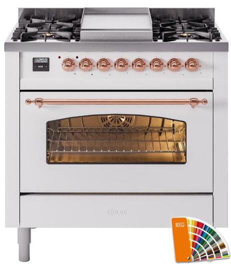 Ilve UP36FNMPRAP Nostalgie Ii 36 Inch Dual Fuel Natural Gas Freestanding Range In Ral Custom Color With Copper Trim