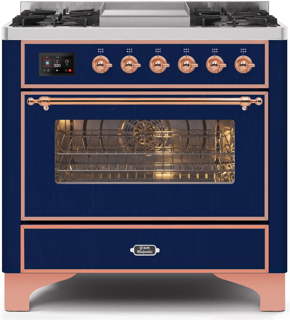 Ilve UM09FDNS3MBP Majestic Ii 36 Inch Dual Fuel Natural Gas Freestanding Range In Blue With Copper Trim