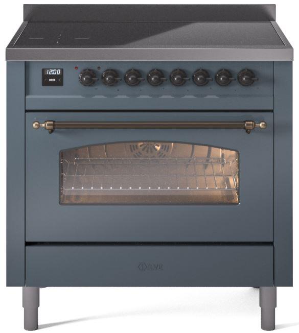 Ilve UPI366NMPBGB Nostalgie Ii 36 Inch Electric Freestanding Range In Blue Grey With Bronze Trim