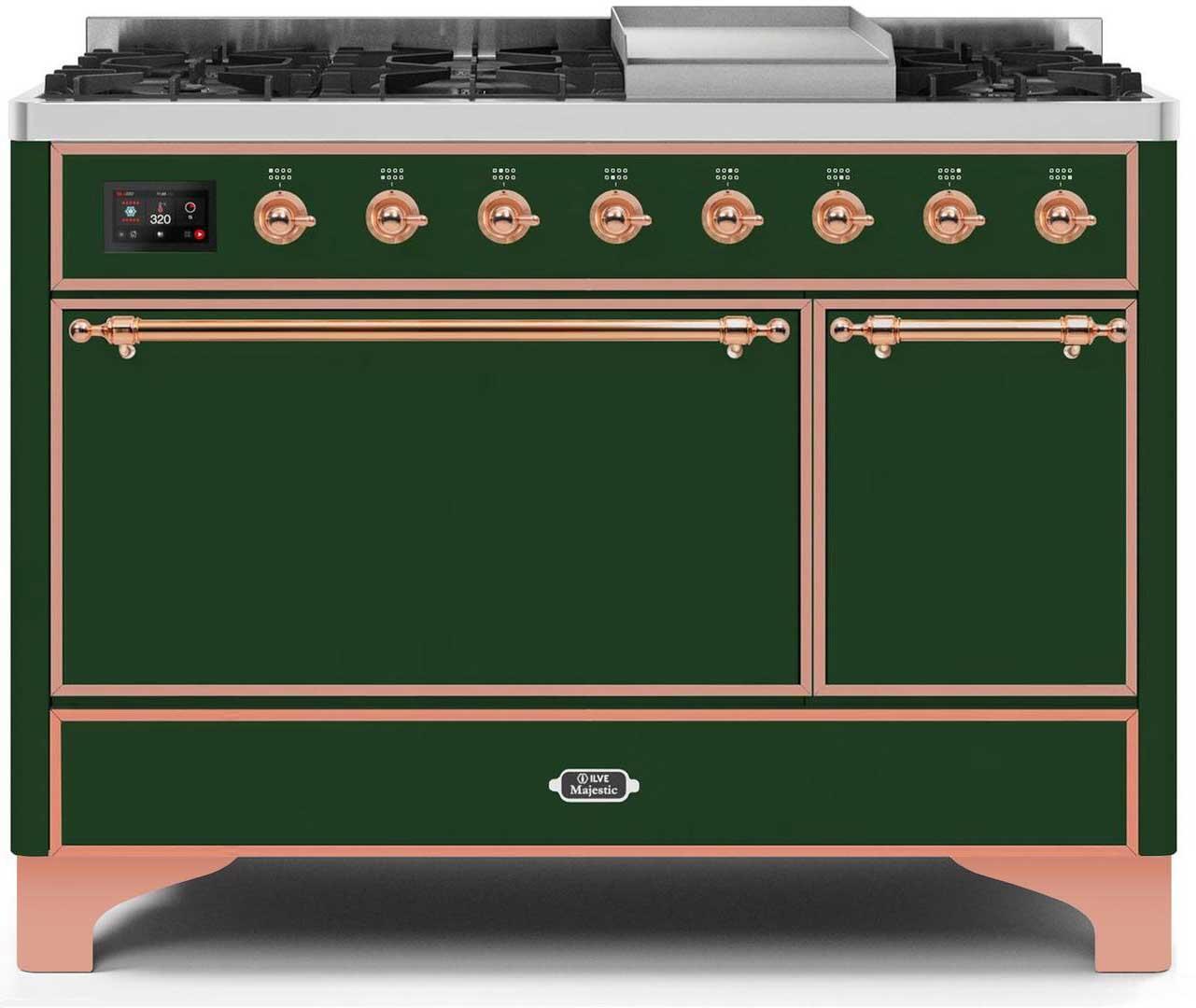 Ilve UM12FDQNS3EGP Majestic Ii 48 Inch Dual Fuel Natural Gas Freestanding Range In Emerald Green With Copper Trim