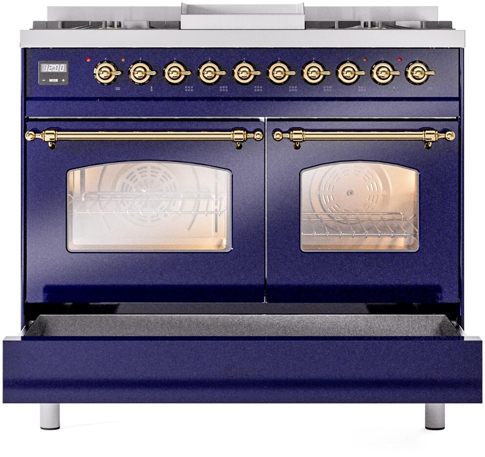 Ilve UPD40FNMPMBG Nostalgie Ii 40 Inch Dual Fuel Natural Gas Freestanding Range In Blue With Brass Trim