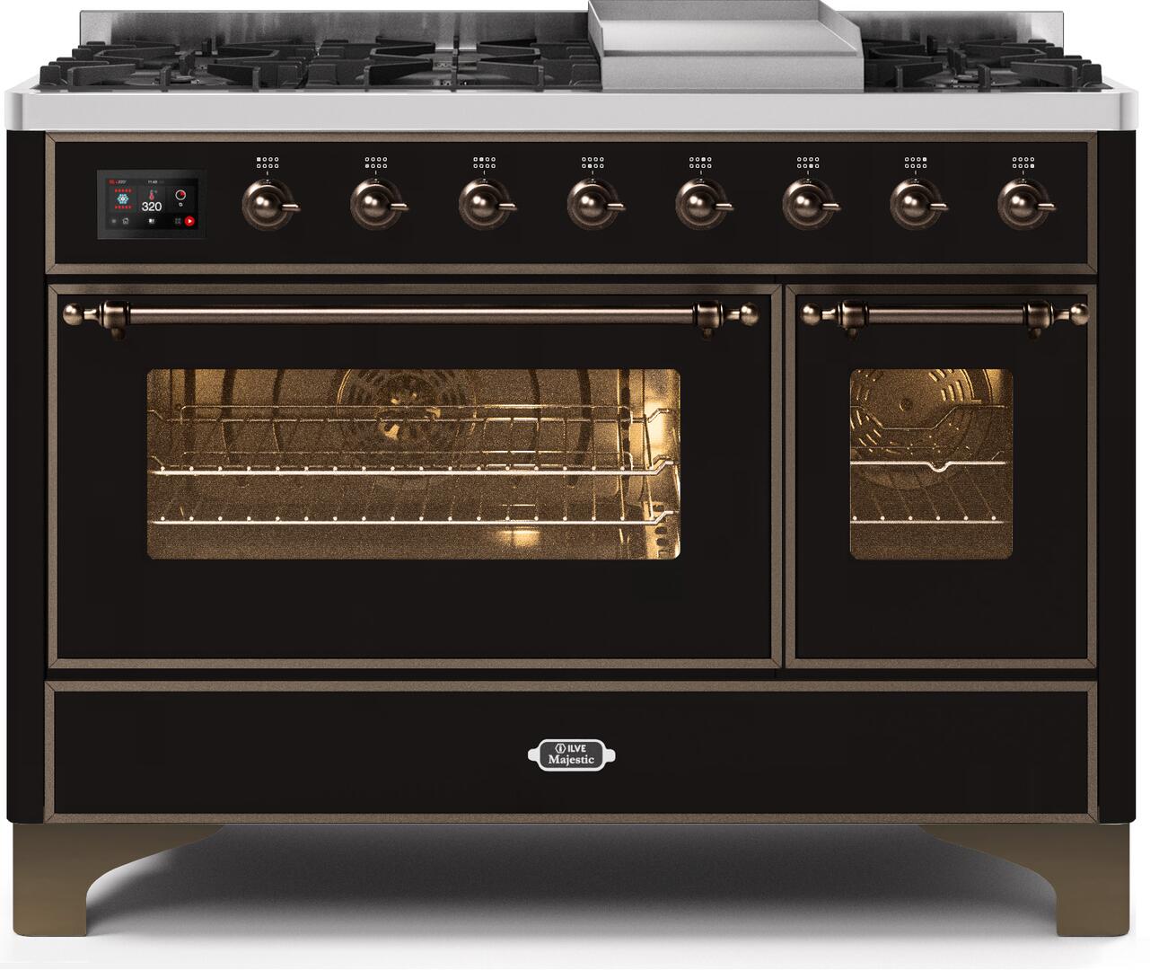 Ilve UM12FDNS3BKBLP Majestic Ii 48 Inch Dual Fuel Liquid Propane Freestanding Range In Glossy Black With Bronze Trim