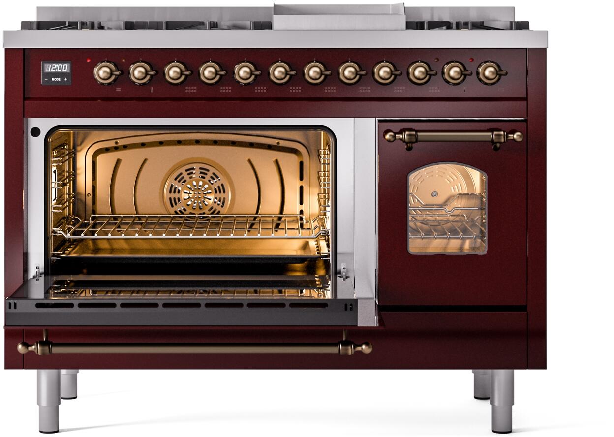 Ilve UP48FNMPBUBLP Nostalgie Ii 48 Inch Dual Fuel Liquid Propane Freestanding Range In Burgundy With Bronze Trim