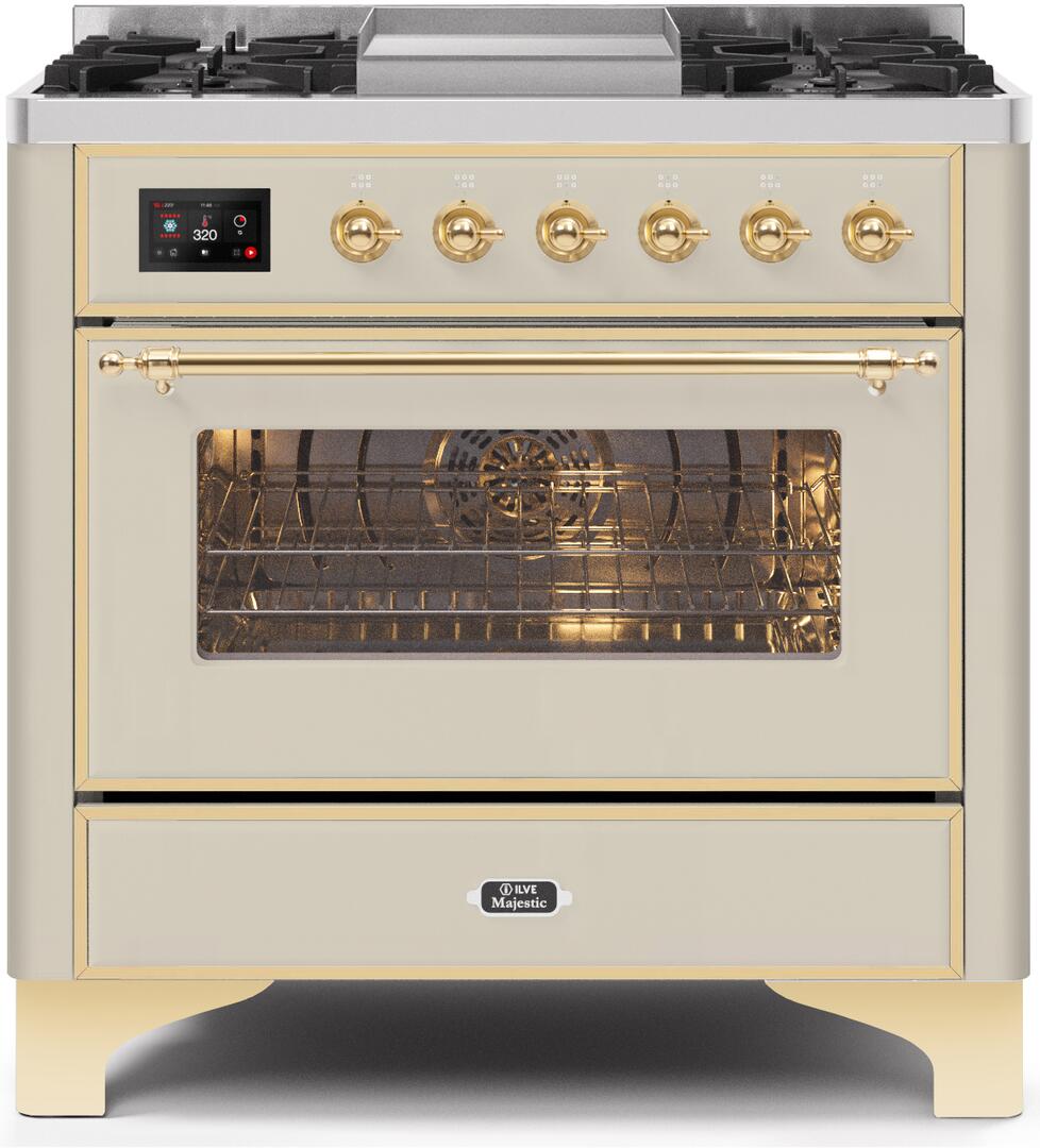 Ilve UM09FDNS3AWG Majestic Ii 36 Inch Dual Fuel Natural Gas Freestanding Range In Antique White With Brass Trim