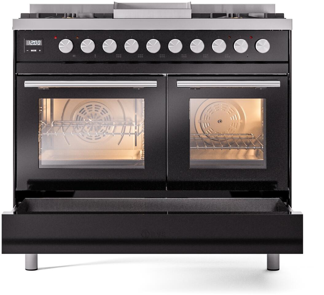 Ilve UPD40FWMPBKLP Professional Plus Ii 40 Inch Dual Fuel Liquid Propane Freestanding Range In Glossy Black With Trim