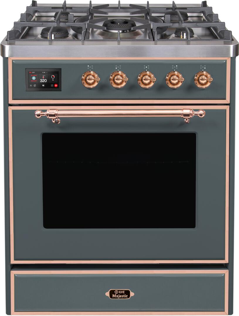 Ilve UM30DNE3BGPLP Majestic Ii 30 Inch Dual Fuel Liquid Propane Freestanding Range In Blue Grey With Copper Trim