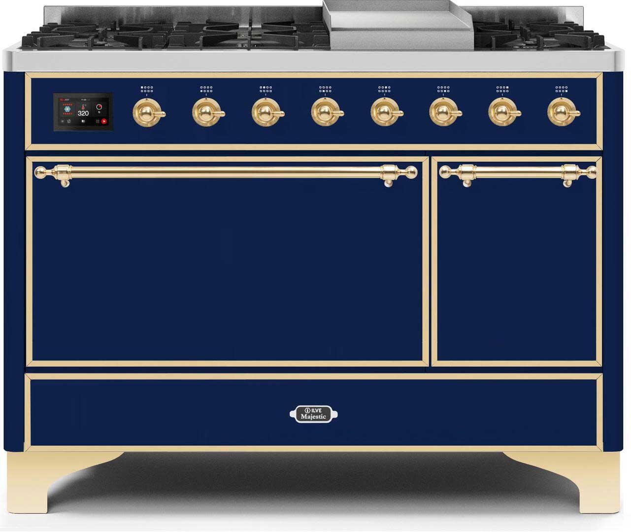 Ilve UM12FDQNS3MBGLP Majestic Ii 48 Inch Dual Fuel Liquid Propane Freestanding Range In Blue With Brass Trim