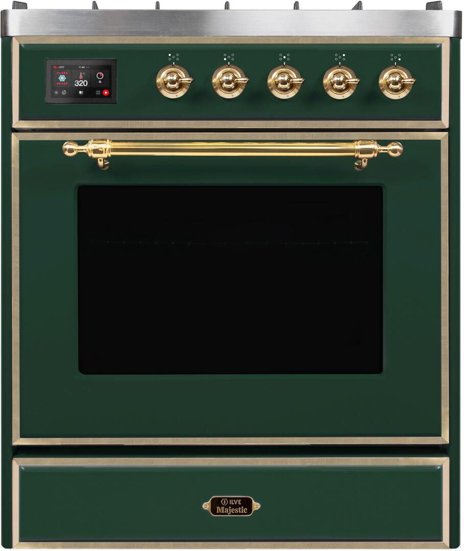 Ilve UM30DNE3EGGLP Majestic Ii 30 Inch Dual Fuel Liquid Propane Freestanding Range In Emerald Green With Brass Trim