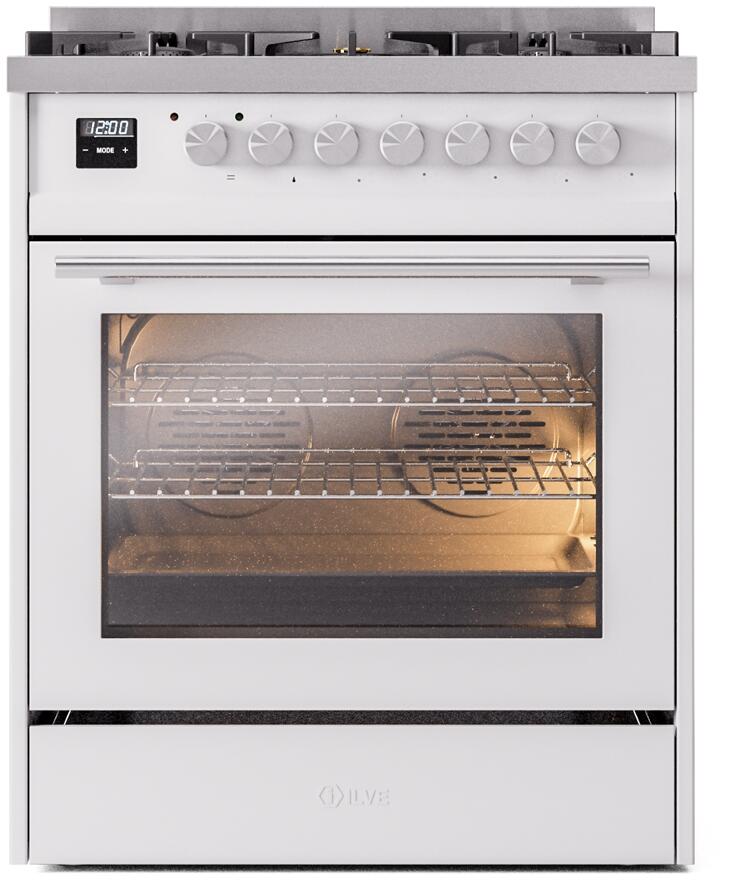 Ilve UP30WMPWH Professional Plus Ii 30 Inch Dual Fuel Natural Gas Freestanding Range In White With Trim