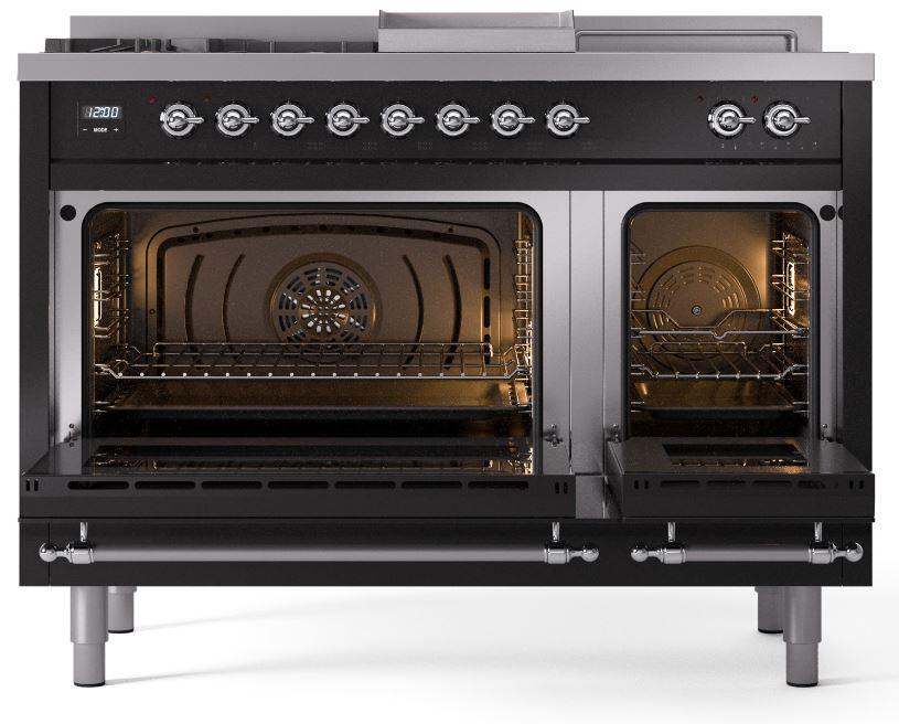 Ilve UP48FSNMPBKCLP Nostalgie Ii 48 Inch Dual Fuel Liquid Propane Freestanding Range In Glossy Black With Chrome Trim