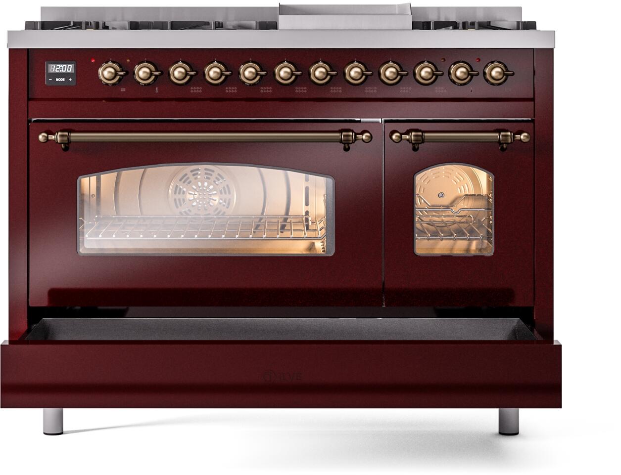 Ilve UP48FNMPBUB Nostalgie Ii 48 Inch Dual Fuel Natural Gas Freestanding Range In Burgundy With Bronze Trim