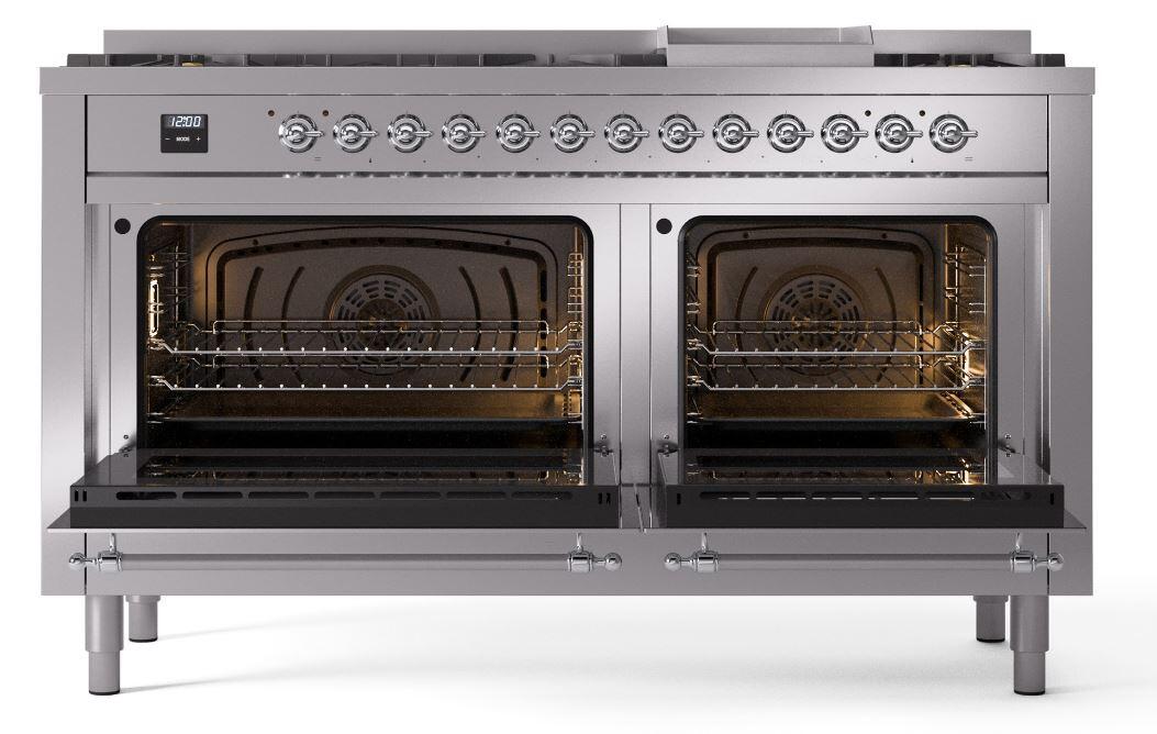 Ilve UP60FNMPSSC Nostalgie Ii 60 Inch Dual Fuel Natural Gas Freestanding Range In Stainless Steel With Chrome Trim