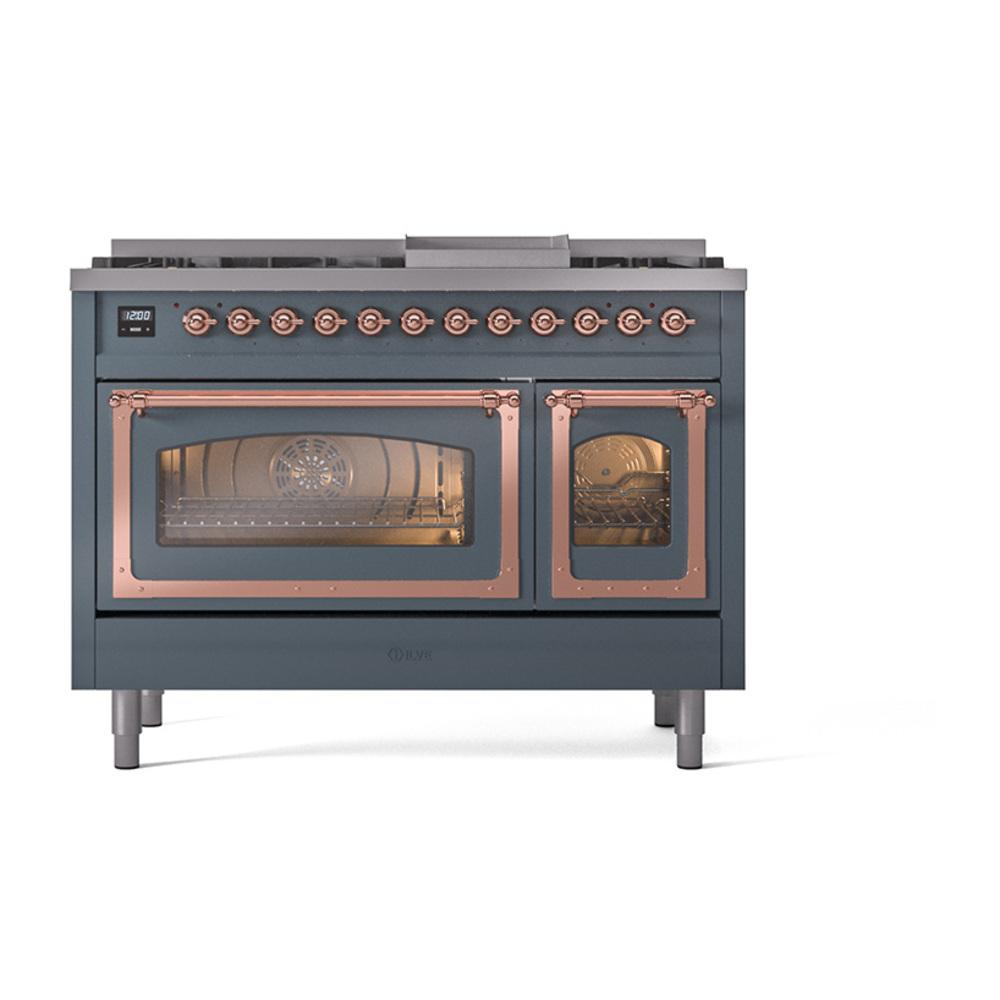 Ilve UN48FNMPBGPLP Ilve Un48Fnmpbgplp Nostalgie Ii Noblesse 48" Dual Fuel Range (8 Sealed Burners + Griddle, Liquid Propane, Triple Glass Door, Blue Grey, Copper)