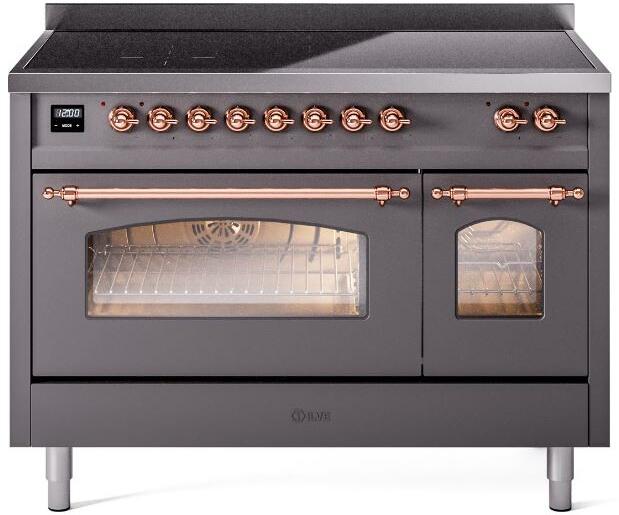 Ilve UPI486NMPMGP Nostalgie Ii 48 Inch Electric Freestanding Range In Matte Graphite With Copper Trim